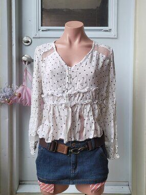 Dex Polka Dot Babydoll Button Up Mesh Lace Top